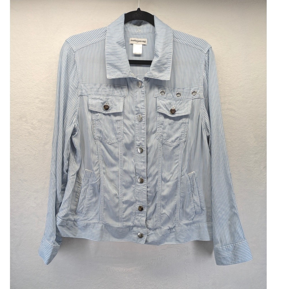 FeelGoodStore Striped Button Front Jacket Large Blue White Lightweight‎ Rayon